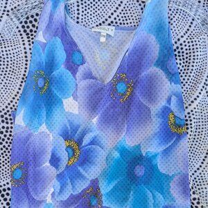 Ninety Petites Medium Blue Purple Floral Sheer V-Neck Tank Top